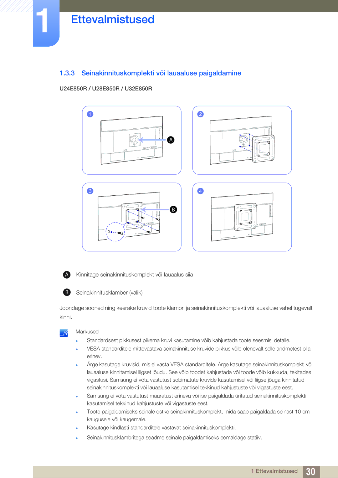 Samsung LU28E85KRS/EN, LU24E85KRS/EN manual Seinakinnituskomplekti või lauaaluse paigaldamine 