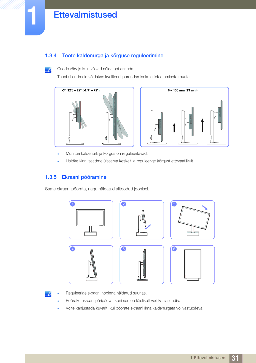 Samsung LU24E85KRS/EN, LU28E85KRS/EN manual Toote kaldenurga ja kõrguse reguleerimine, Ekraani pööramine 