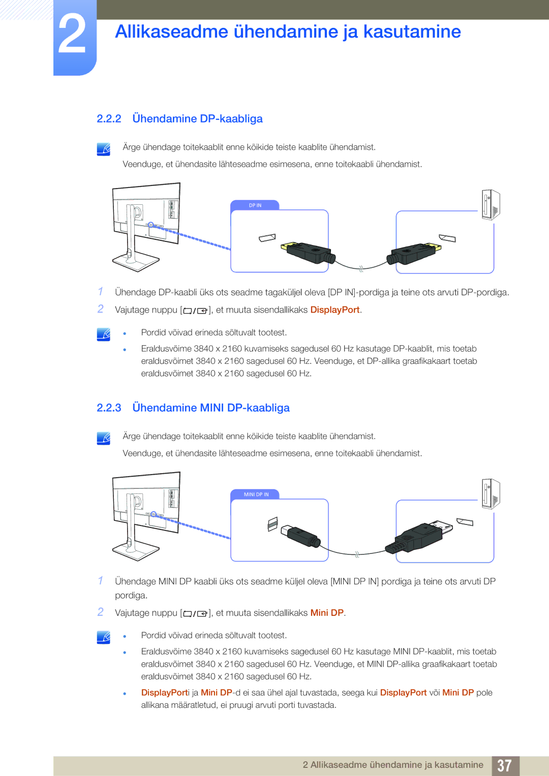 Samsung LU24E85KRS/EN, LU28E85KRS/EN manual 2 Ühendamine DP-kaabliga, 3 Ühendamine Mini DP-kaabliga 