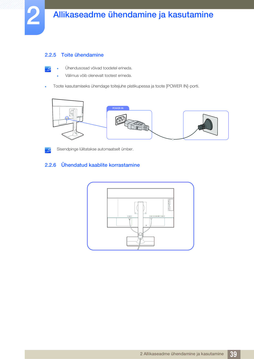 Samsung LU24E85KRS/EN, LU28E85KRS/EN manual Toite ühendamine, 6 Ühendatud kaablite korrastamine 