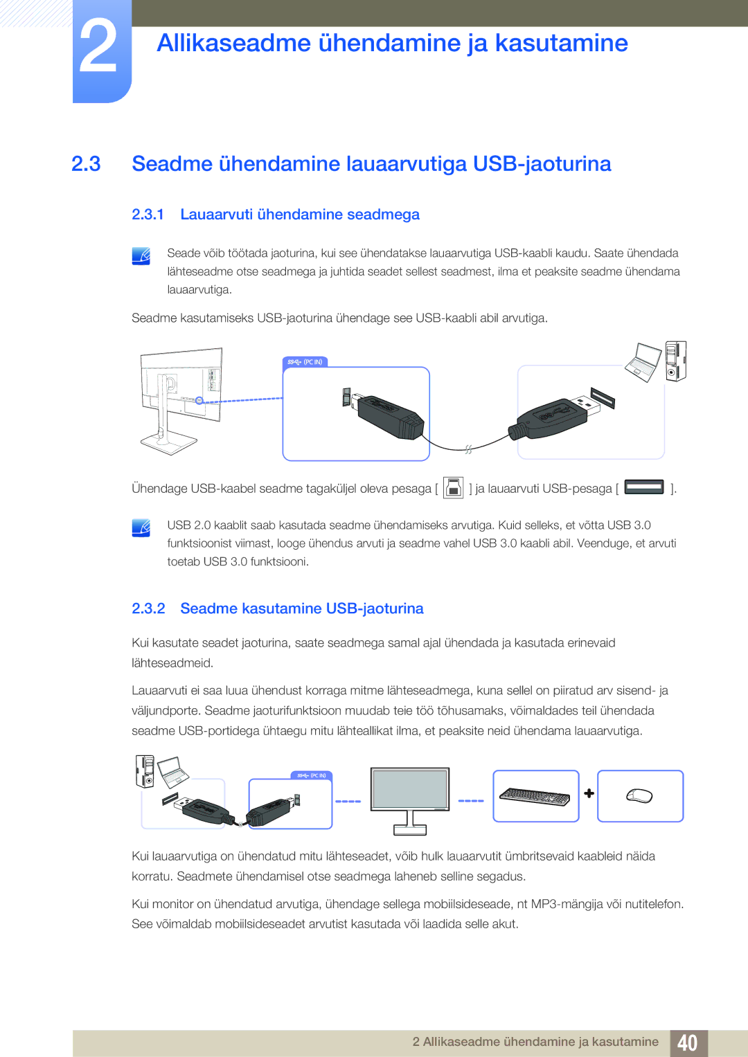 Samsung LU28E85KRS/EN, LU24E85KRS/EN manual Seadme ühendamine lauaarvutiga USB-jaoturina, Lauaarvuti ühendamine seadmega 