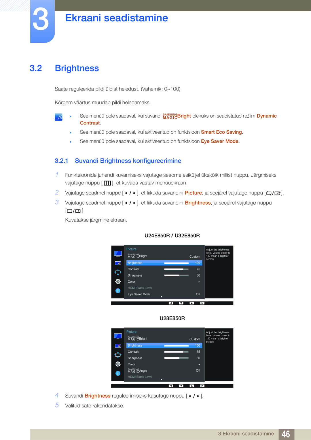 Samsung LU28E85KRS/EN, LU24E85KRS/EN manual Suvandi Brightness konfigureerimine 