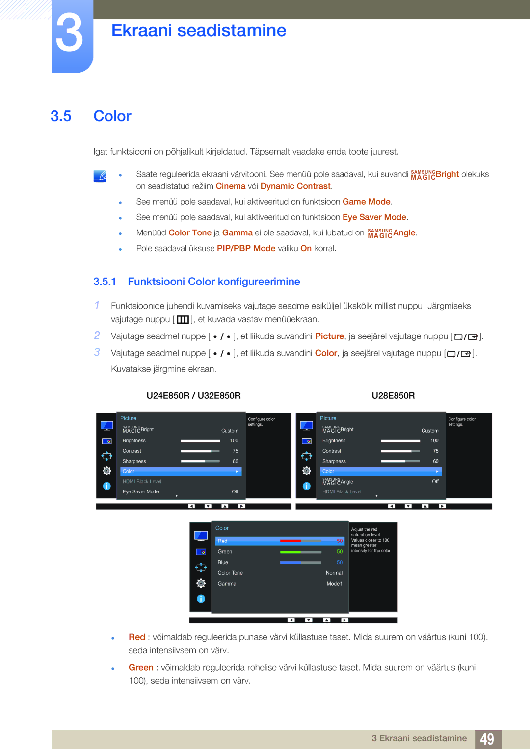Samsung LU24E85KRS/EN, LU28E85KRS/EN manual Funktsiooni Color konfigureerimine 