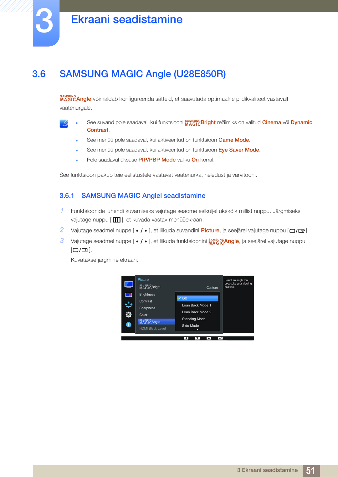 Samsung LU24E85KRS/EN, LU28E85KRS/EN manual Samsung Magic Angle U28E850R, Samsung Magic Anglei seadistamine 