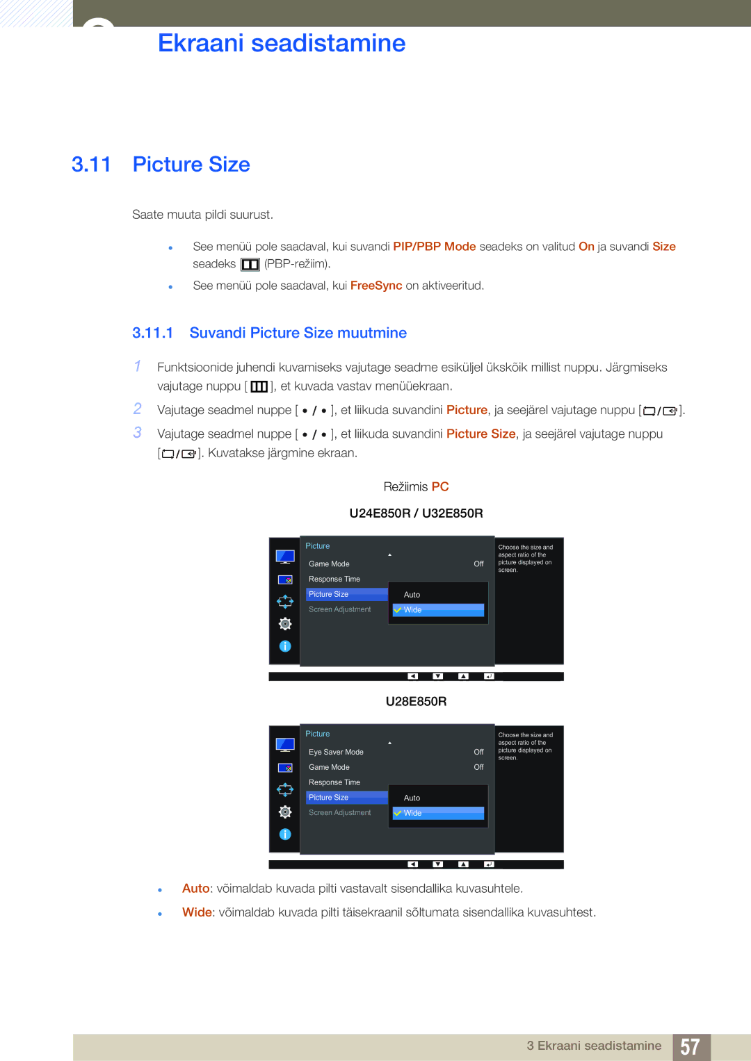 Samsung LU24E85KRS/EN, LU28E85KRS/EN manual Suvandi Picture Size muutmine 