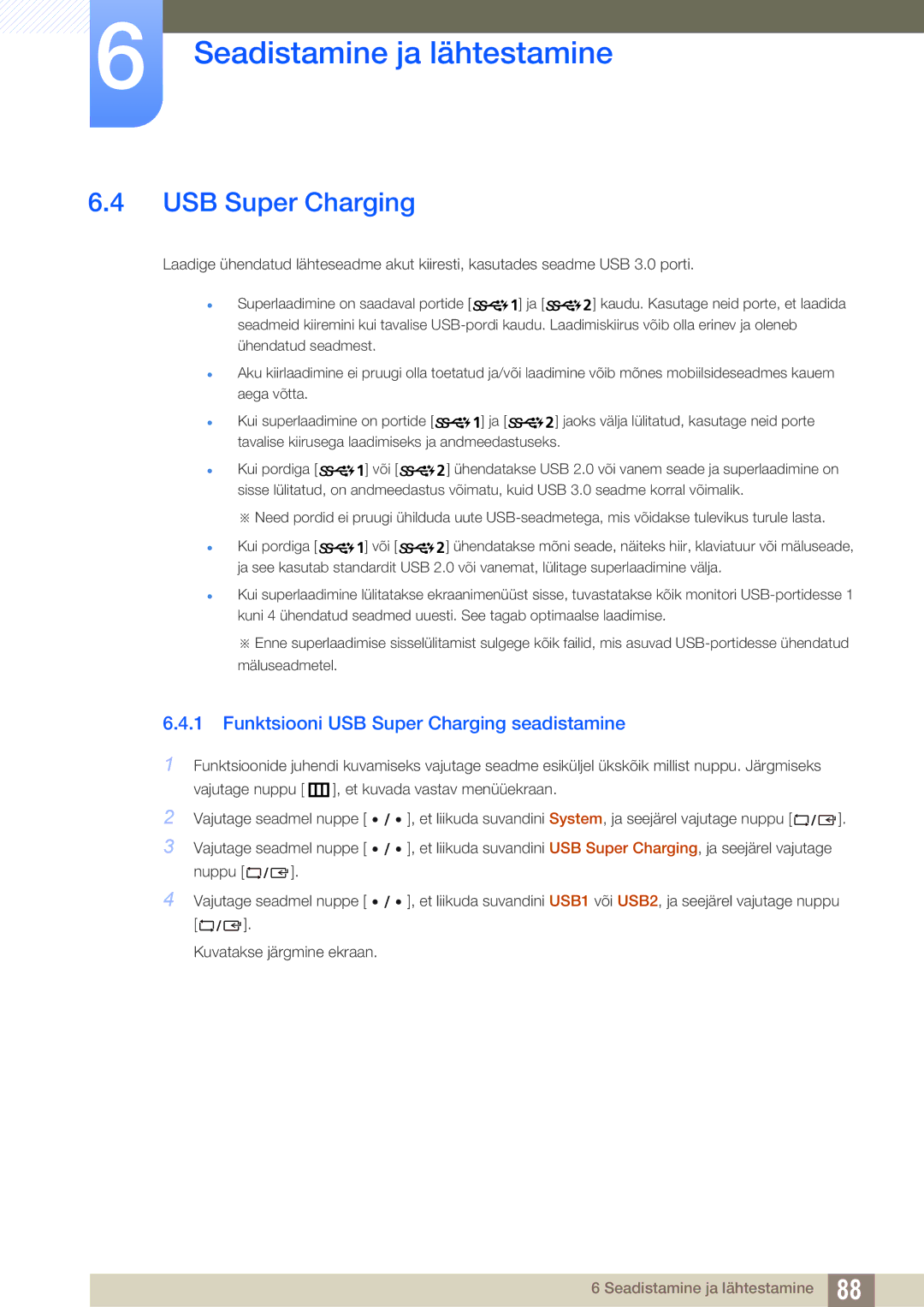 Samsung LU28E85KRS/EN, LU24E85KRS/EN manual Funktsiooni USB Super Charging seadistamine 