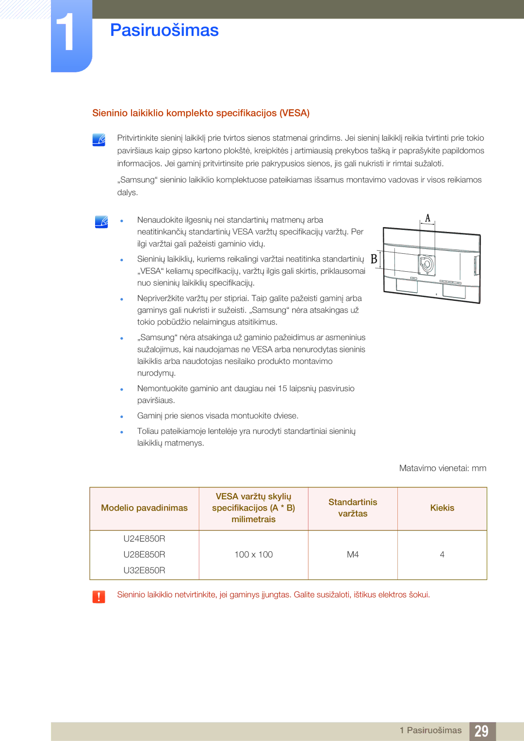 Samsung LU24E85KRS/EN, LU28E85KRS/EN manual Sieninio laikiklio komplekto specifikacijos Vesa 