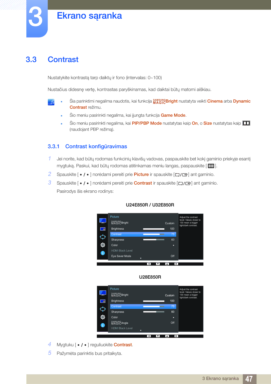 Samsung LU24E85KRS/EN, LU28E85KRS/EN manual Contrast konfigūravimas, MAGIC Contrast režimu 