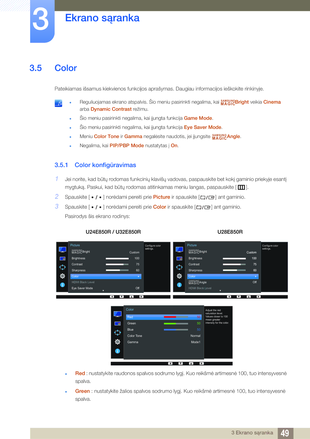 Samsung LU24E85KRS/EN, LU28E85KRS/EN manual Color konfigūravimas, MAGIC arba Dynamic Contrast režimu 