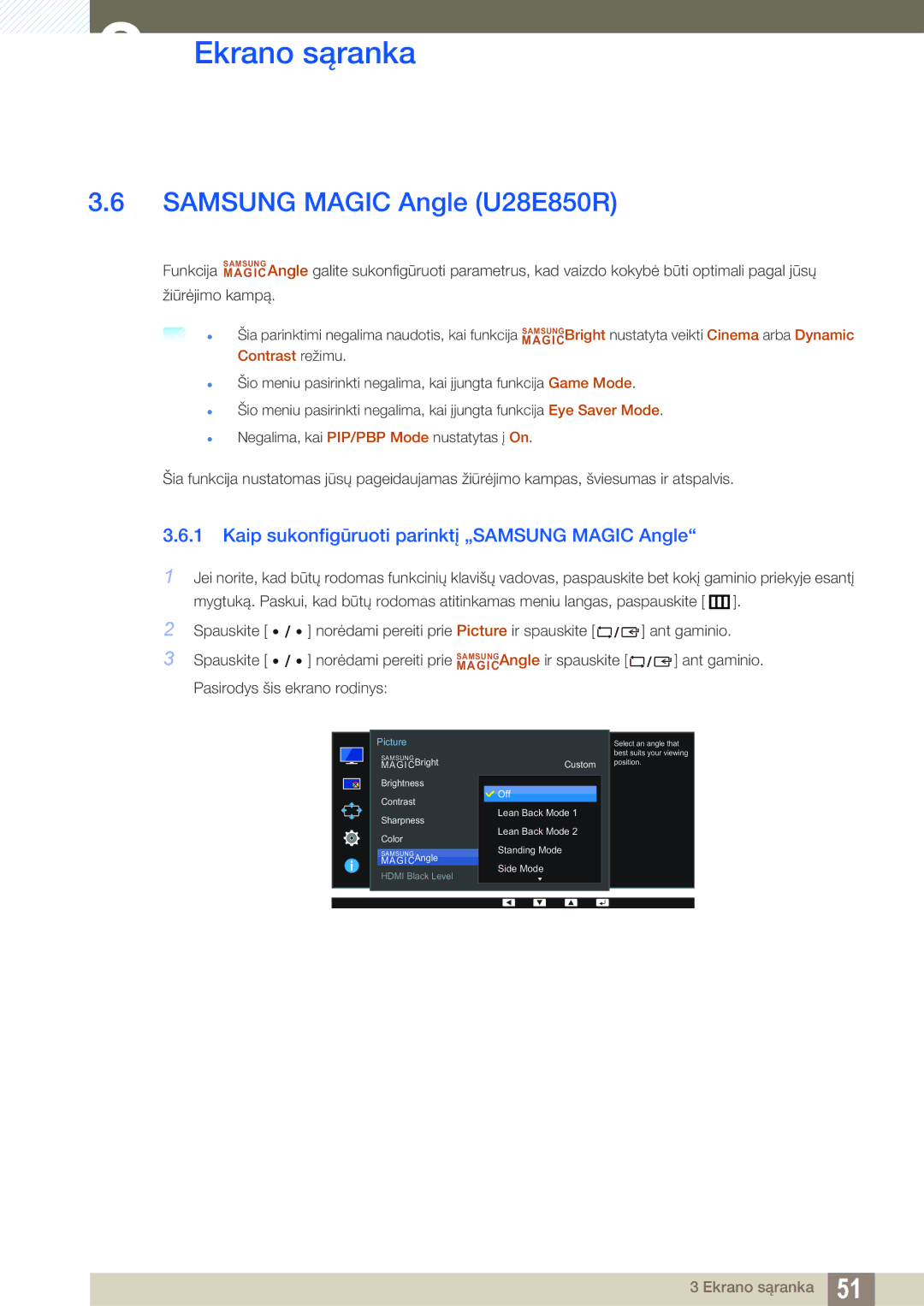 Samsung LU24E85KRS/EN, LU28E85KRS/EN manual Samsung Magic Angle U28E850R, Kaip sukonfigūruoti parinktį „SAMSUNG Magic Angle 