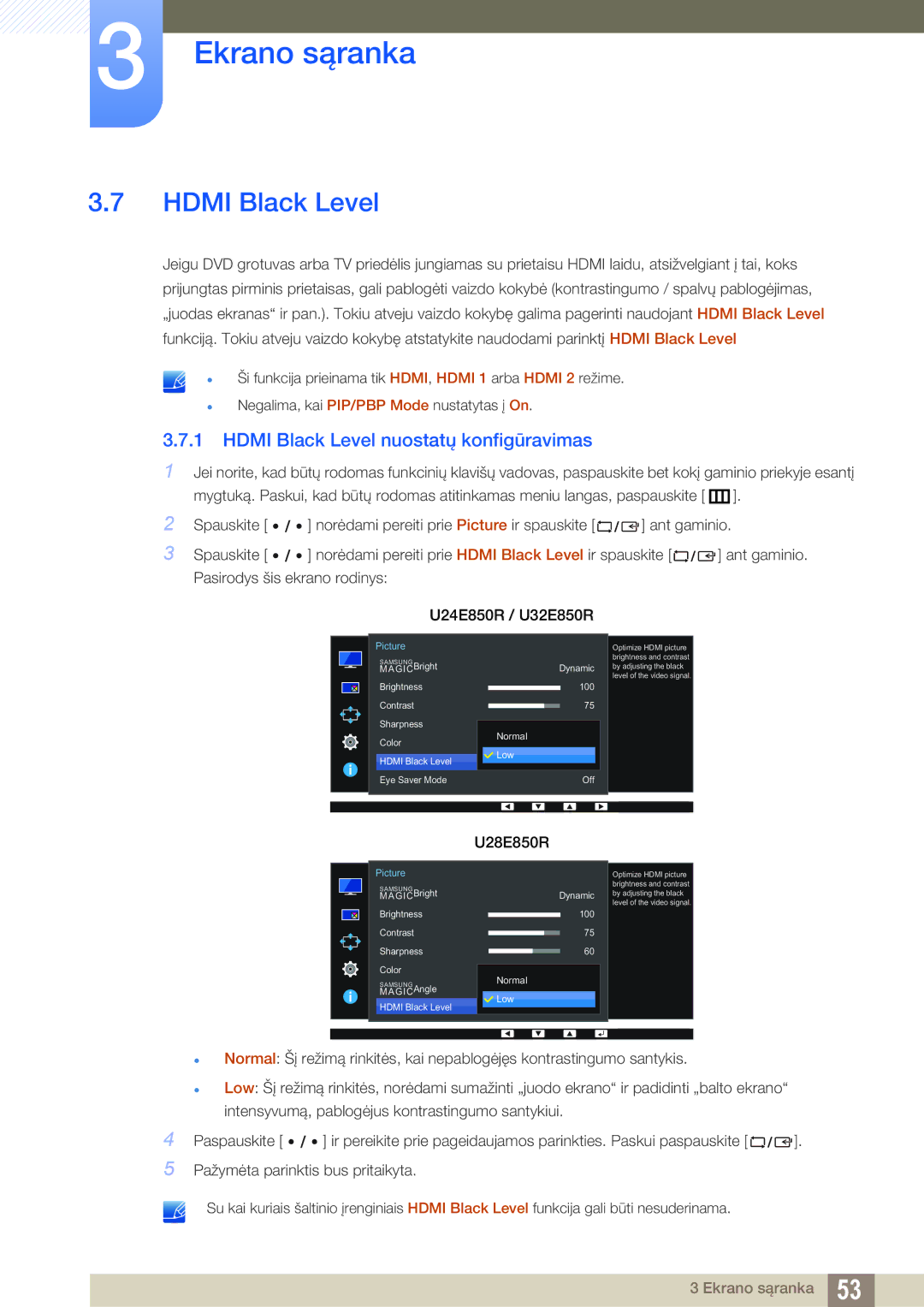 Samsung LU24E85KRS/EN, LU28E85KRS/EN manual Hdmi Black Level nuostatų konfigūravimas 