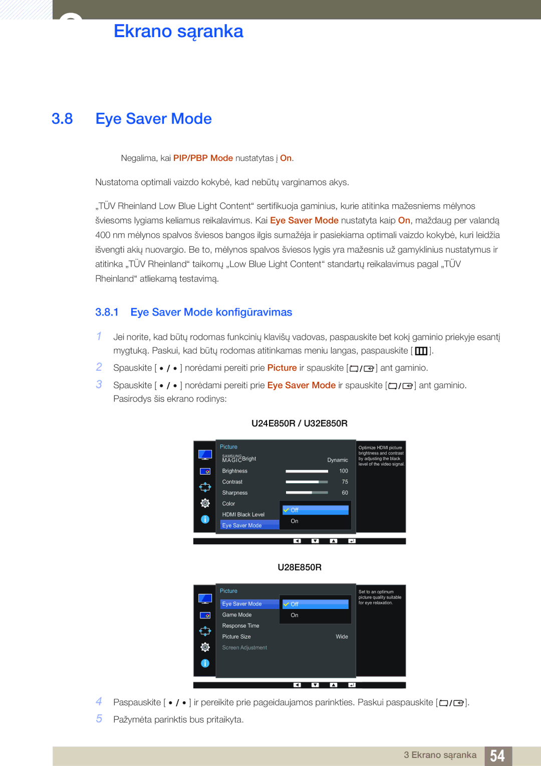 Samsung LU28E85KRS/EN, LU24E85KRS/EN manual Eye Saver Mode konfigūravimas 