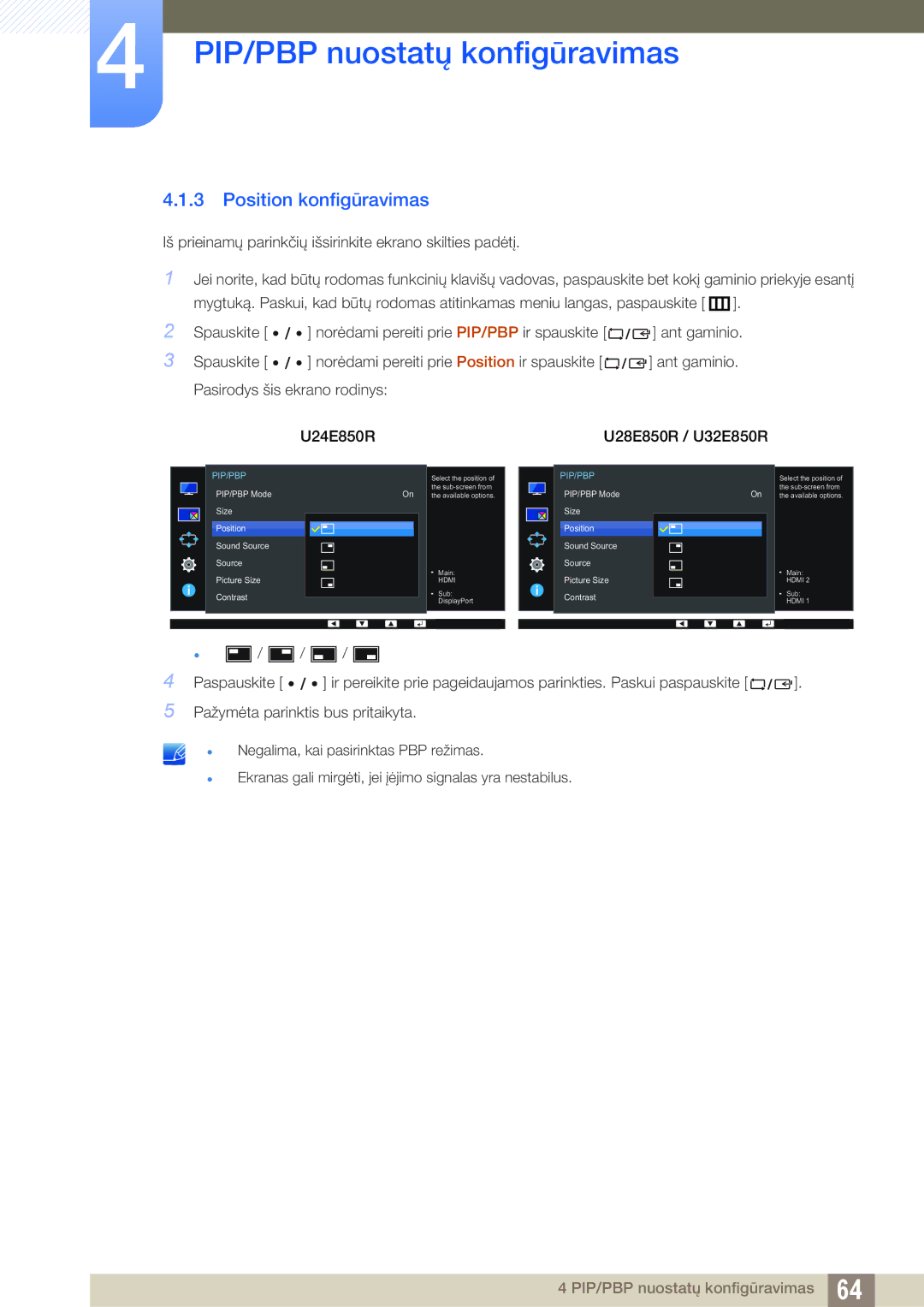 Samsung LU28E85KRS/EN, LU24E85KRS/EN manual Position konfigūravimas 