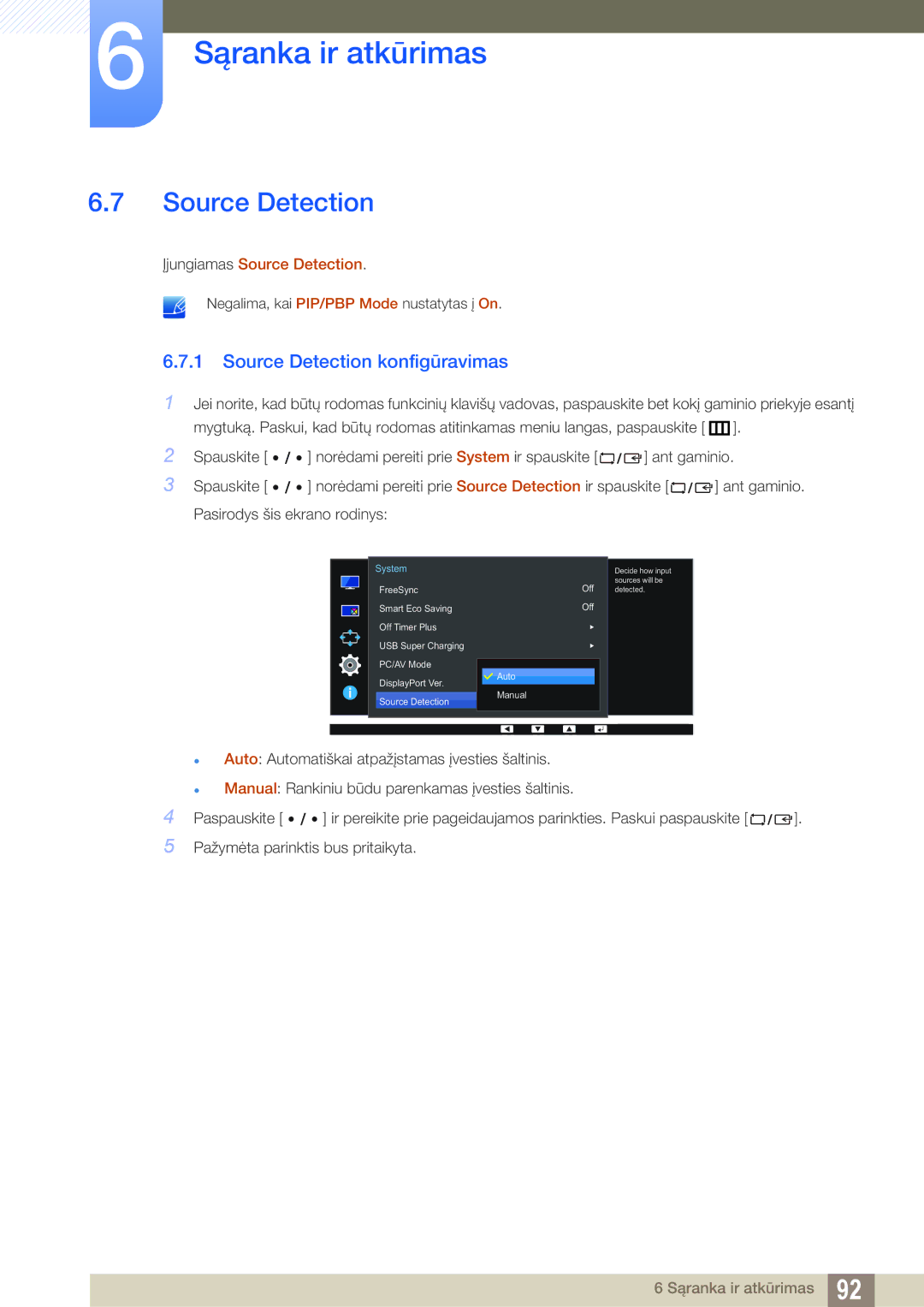 Samsung LU28E85KRS/EN, LU24E85KRS/EN manual Source Detection konfigūravimas, Įjungiamas Source Detection 