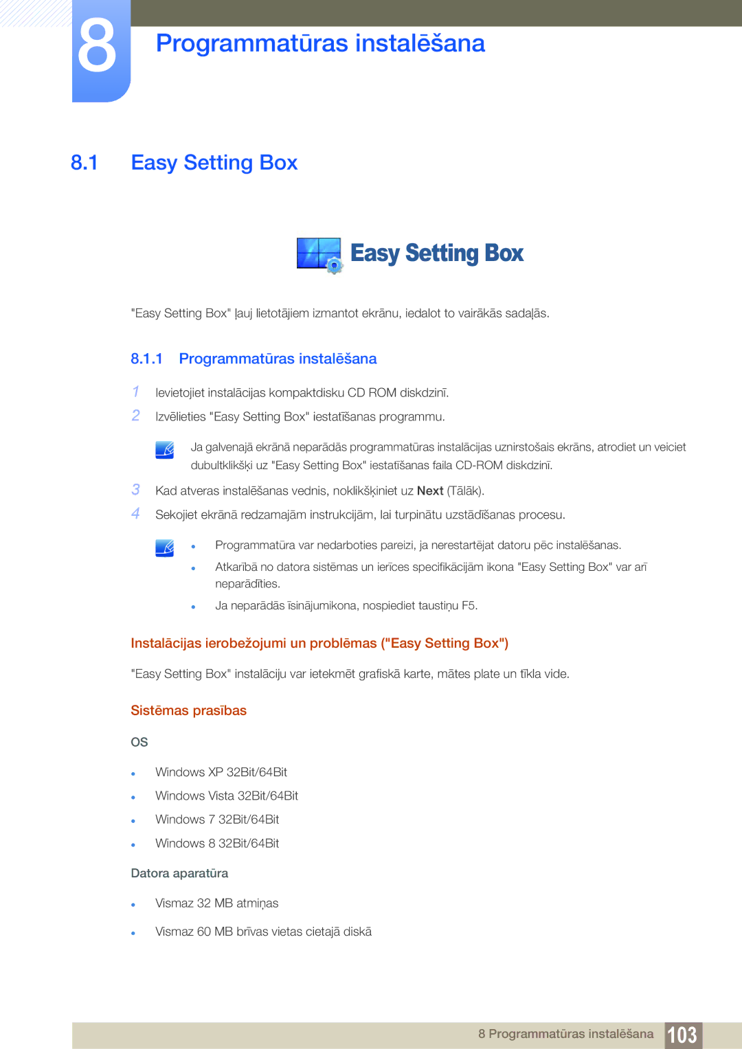 Samsung LU24E85KRS/EN, LU28E85KRS/EN manual Programmatūras instalēšana, Easy Setting Box, Sistēmas prasības 