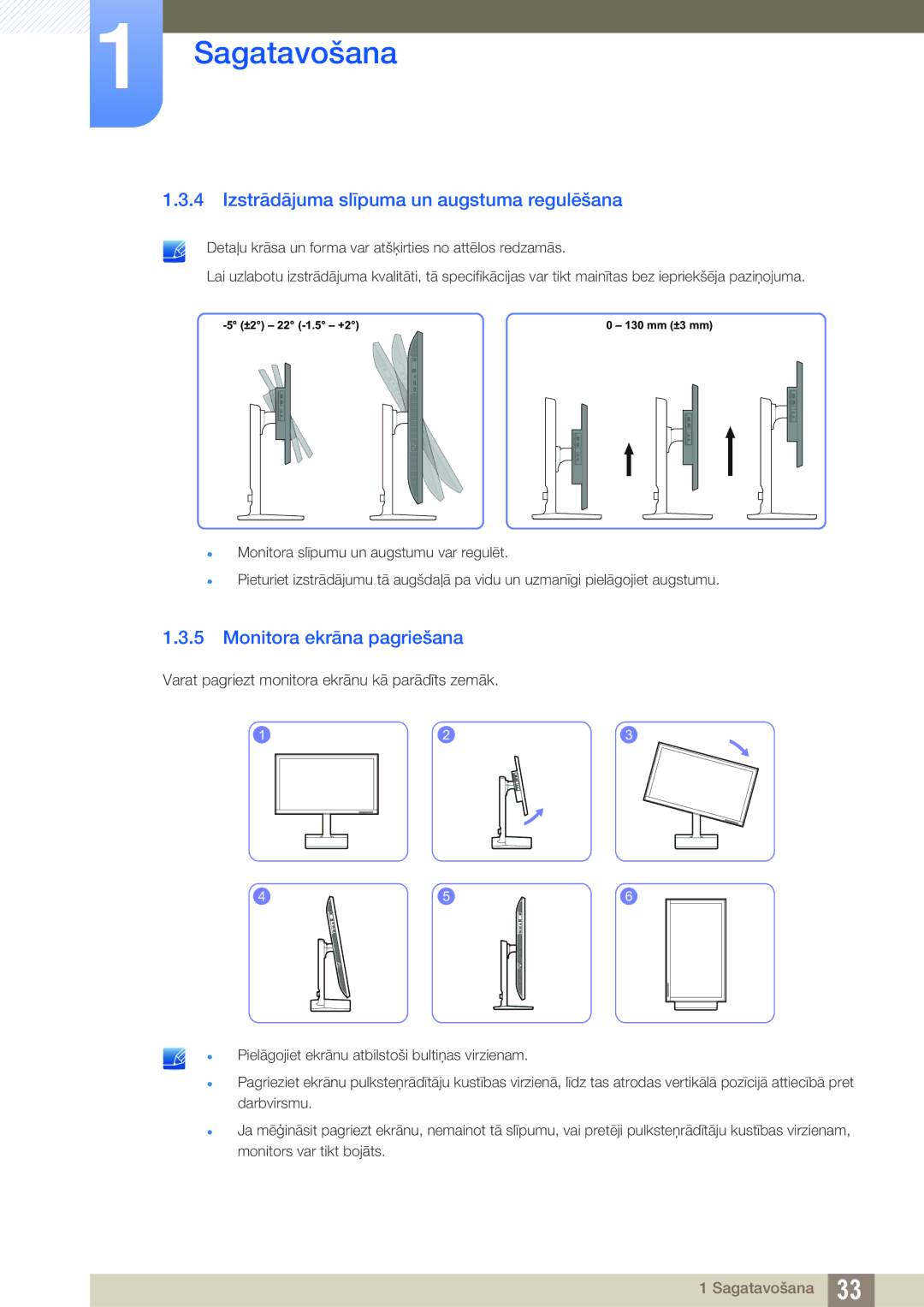 Samsung LU24E85KRS/EN, LU28E85KRS/EN manual Izstrādājuma slīpuma un augstuma regulēšana, Monitora ekrāna pagriešana 