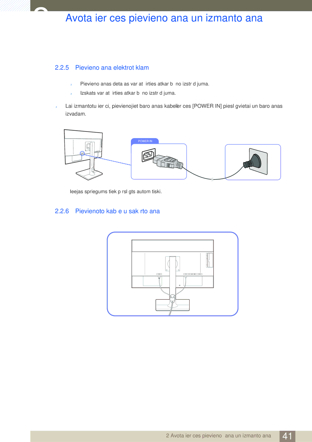Samsung LU24E85KRS/EN, LU28E85KRS/EN manual Pievienošana elektrotīklam, Pievienoto kabeļu sakārtošana 