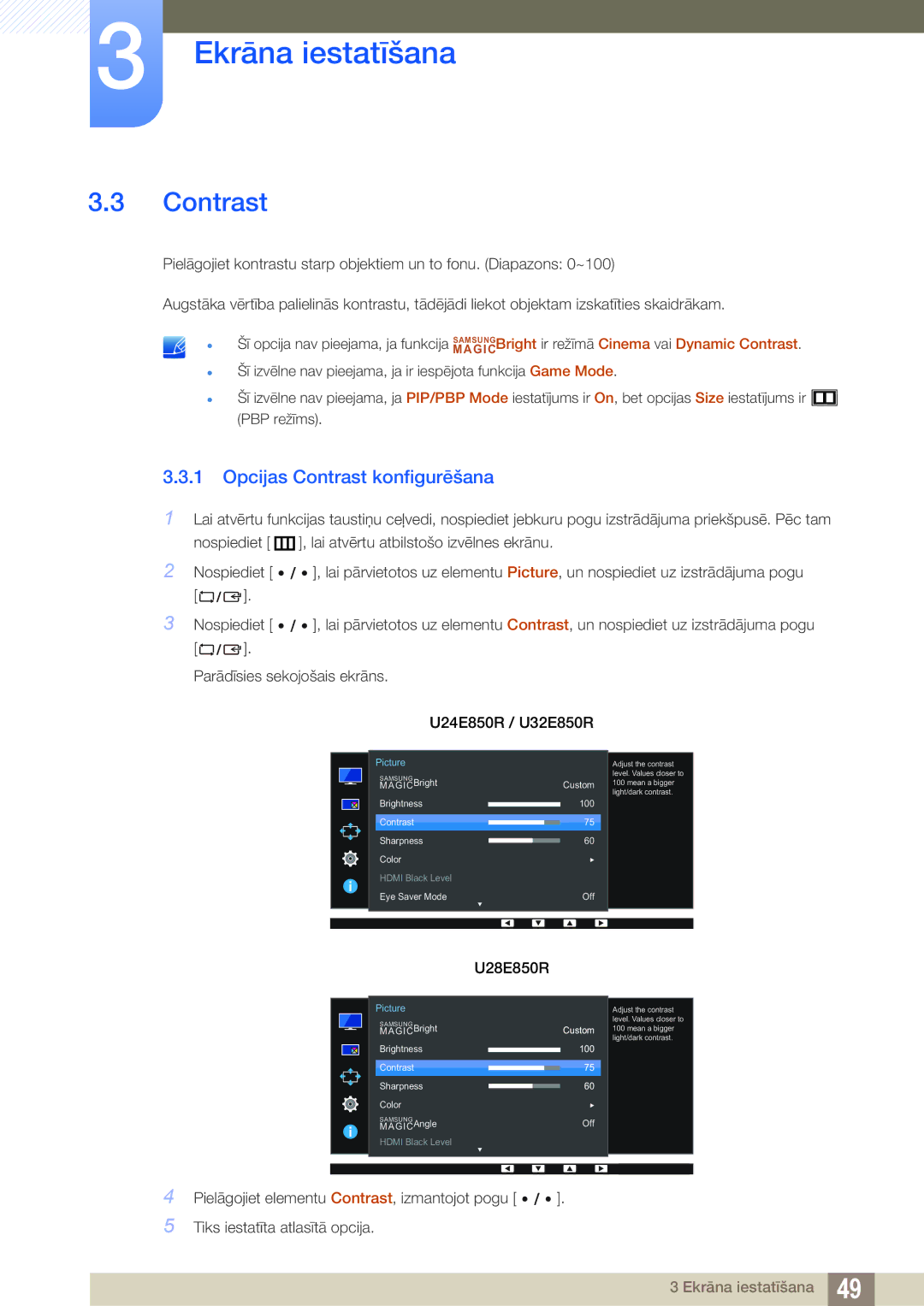 Samsung LU24E85KRS/EN, LU28E85KRS/EN manual Opcijas Contrast konfigurēšana 