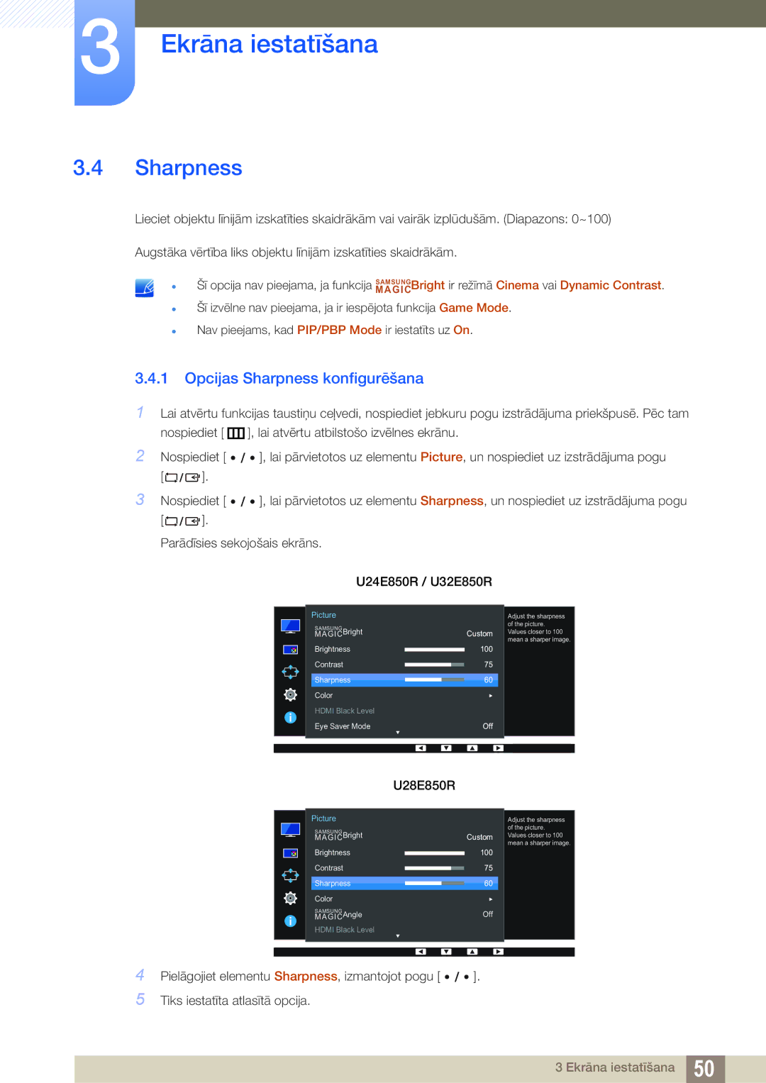 Samsung LU28E85KRS/EN, LU24E85KRS/EN manual Opcijas Sharpness konfigurēšana 