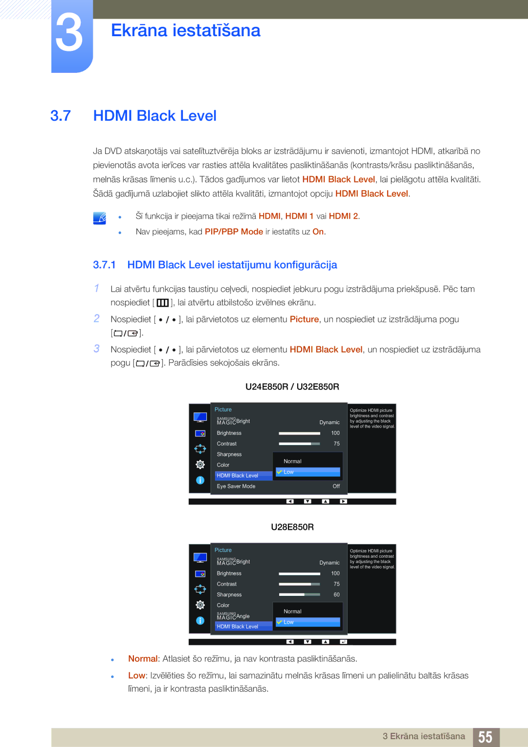 Samsung LU24E85KRS/EN, LU28E85KRS/EN manual Hdmi Black Level iestatījumu konfigurācija 