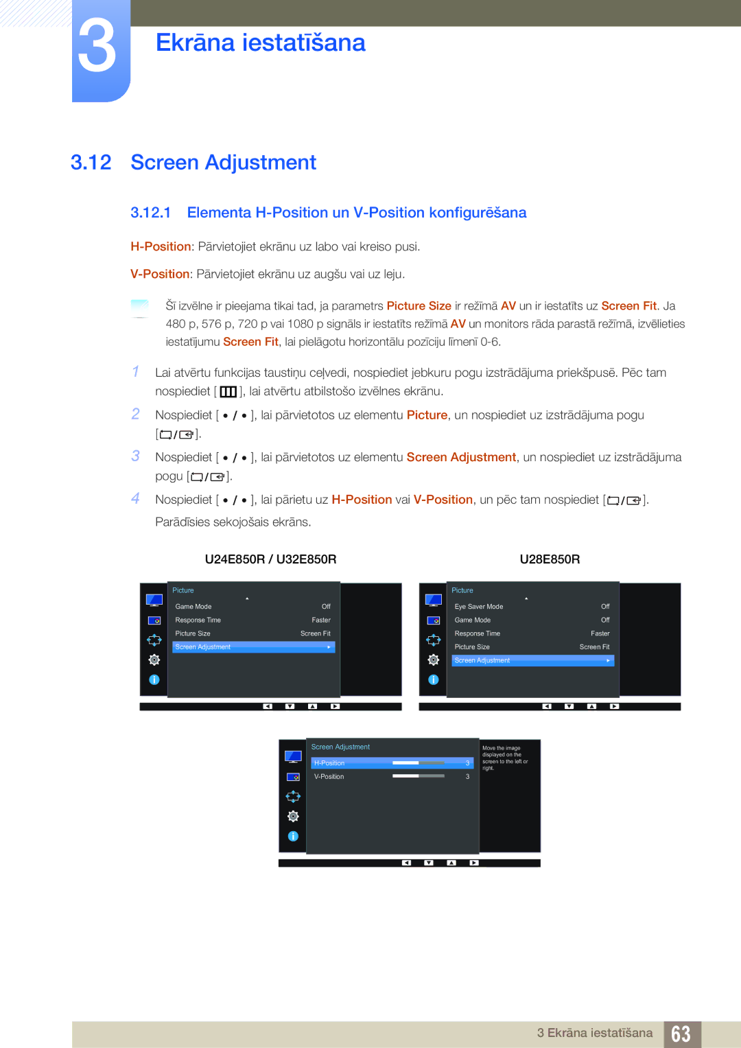 Samsung LU24E85KRS/EN, LU28E85KRS/EN manual Screen Adjustment, Elementa H-Position un V-Position konfigurēšana 