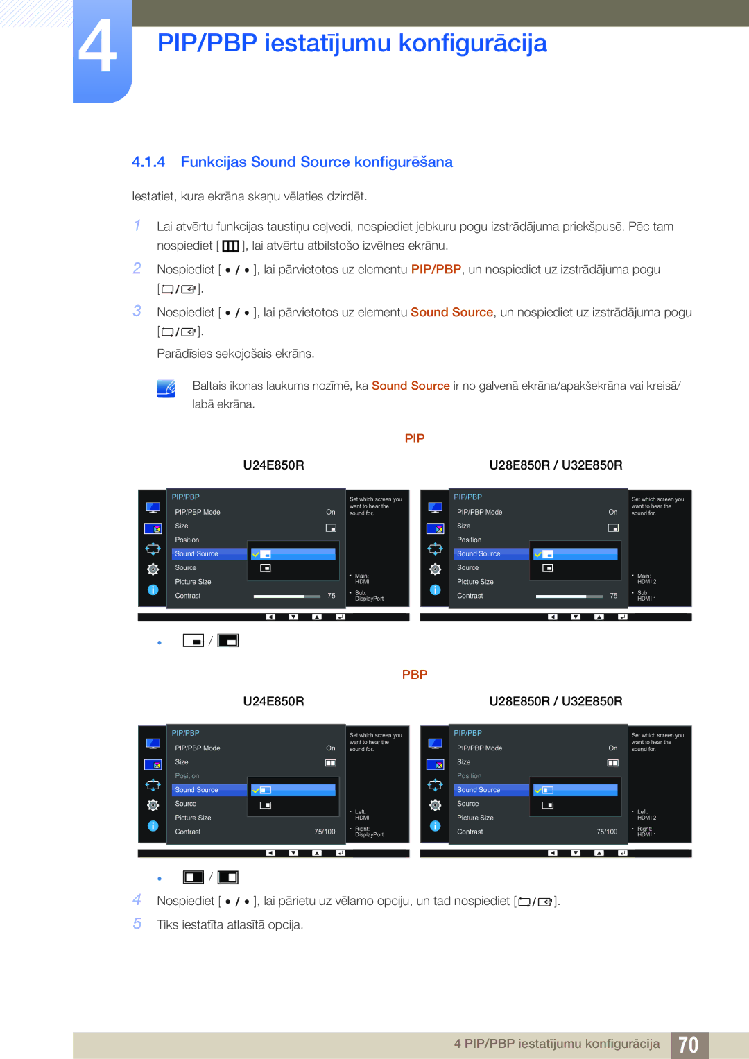 Samsung LU28E85KRS/EN, LU24E85KRS/EN manual Funkcijas Sound Source konfigurēšana, Pbp 