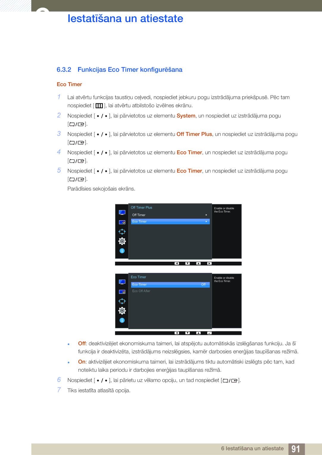 Samsung LU24E85KRS/EN, LU28E85KRS/EN manual Funkcijas Eco Timer konfigurēšana 