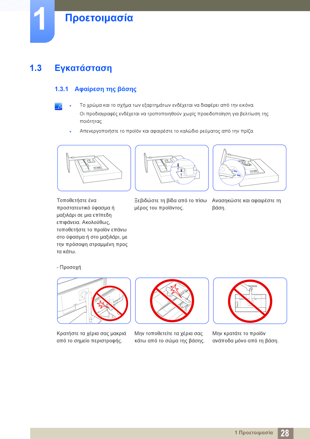 Samsung LU28E85KRS/EN manual Εγκατάσταση, 1 Αφαίρεση της βάσης 