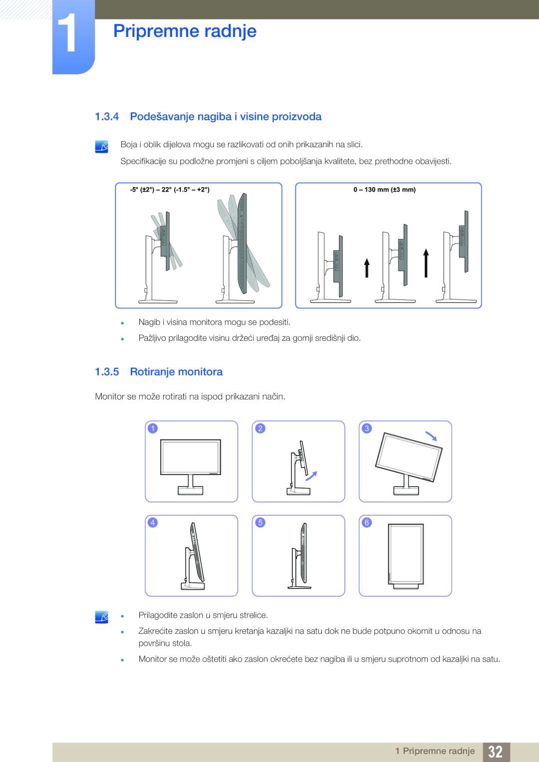 Samsung LU28E85KRS/EN manual Podešavanje nagiba i visine proizvoda, Rotiranje monitora 