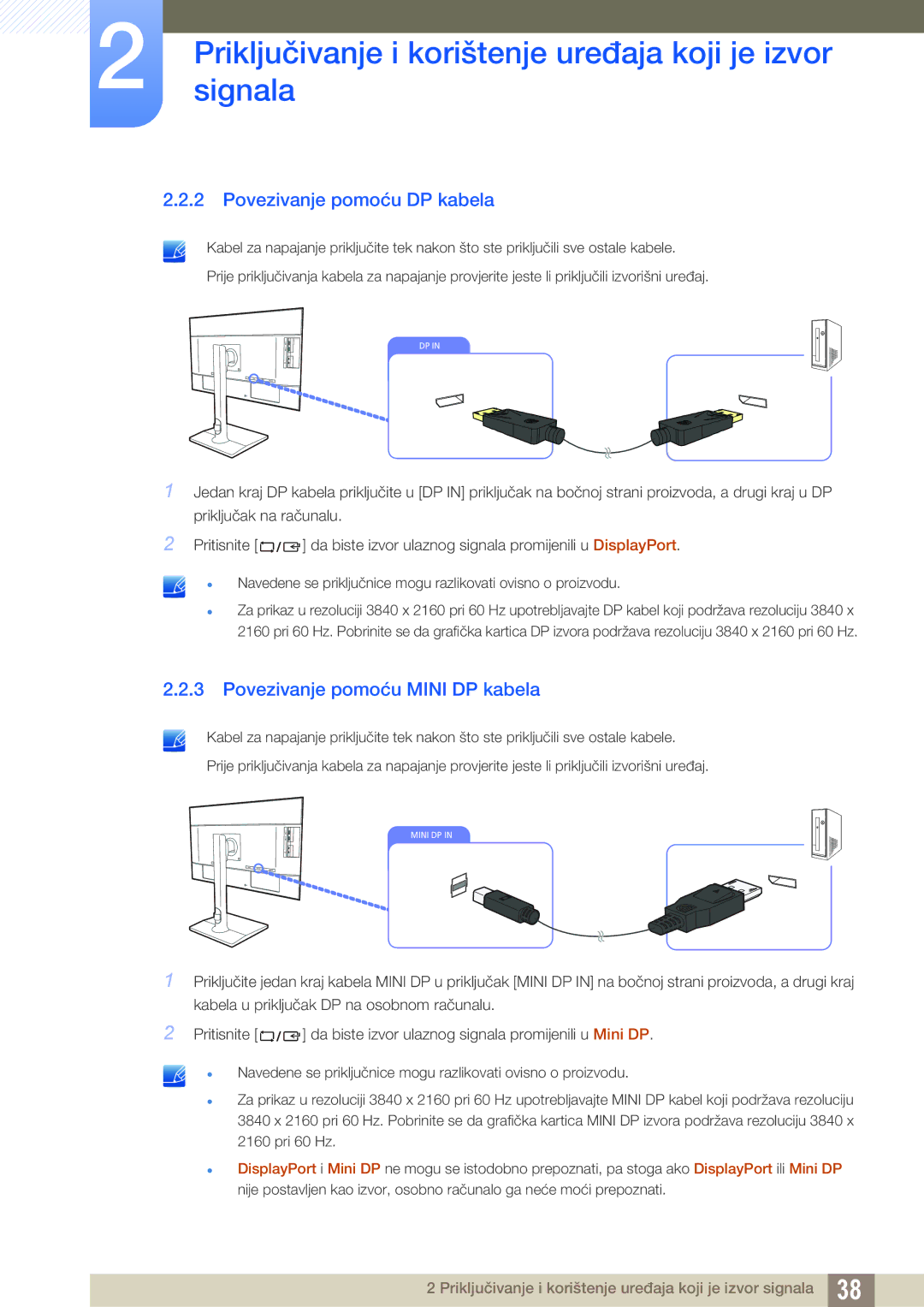 Samsung LU28E85KRS/EN manual Povezivanje pomoću DP kabela, Povezivanje pomoću Mini DP kabela 