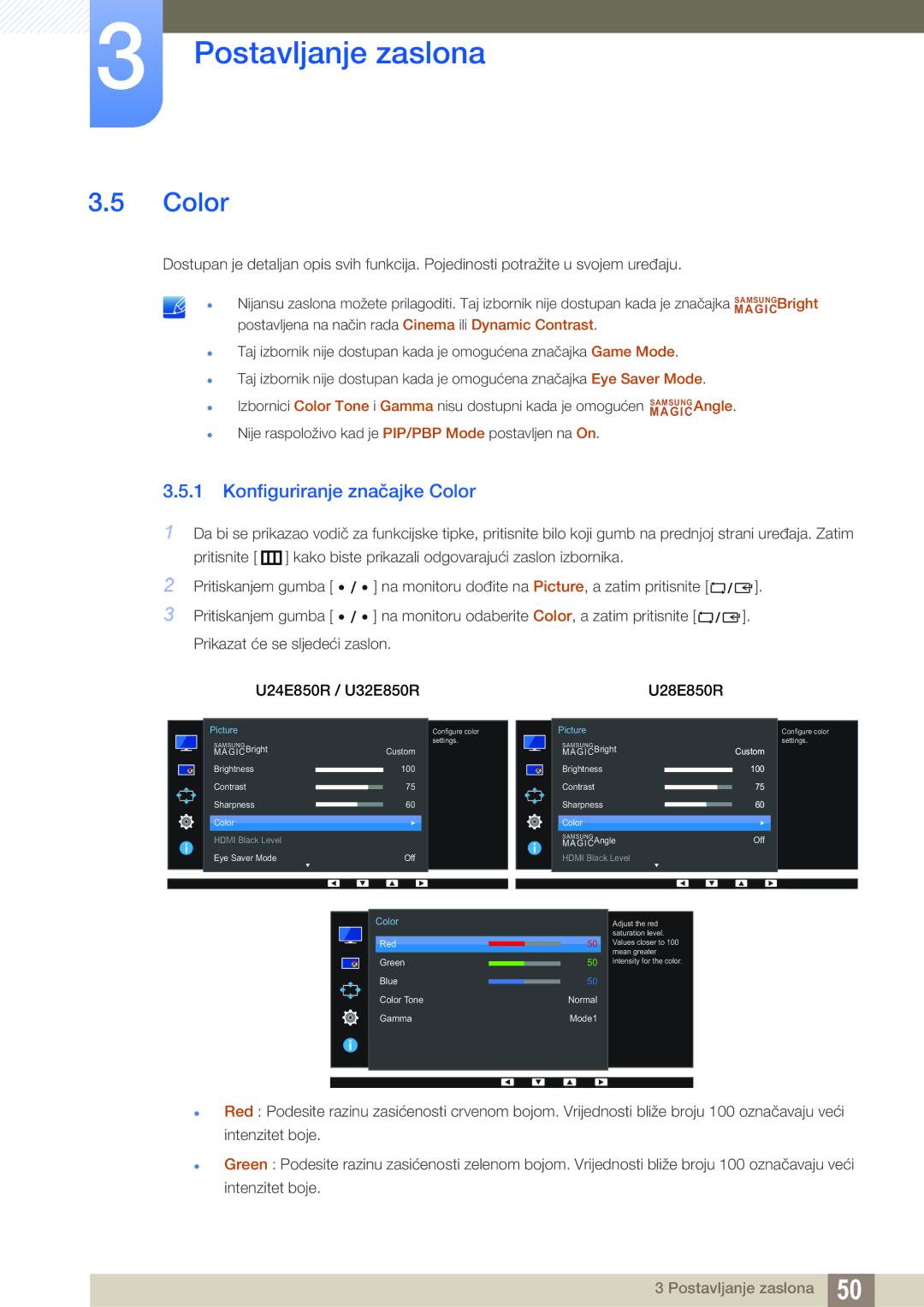 Samsung LU28E85KRS/EN manual Konfiguriranje značajke Color 