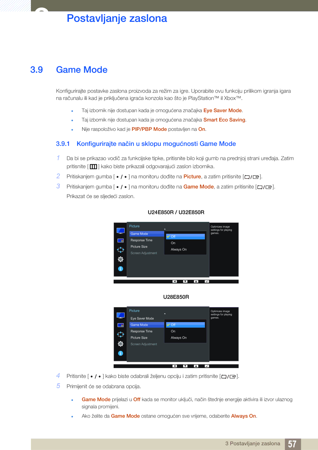 Samsung LU28E85KRS/EN manual Konfigurirajte način u sklopu mogućnosti Game Mode 