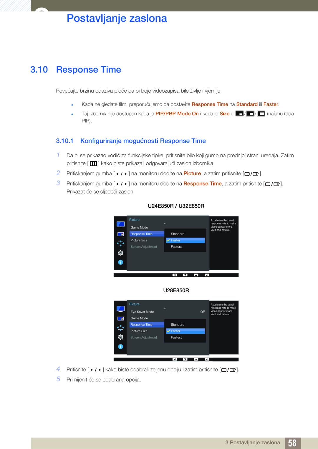 Samsung LU28E85KRS/EN manual Konfiguriranje mogućnosti Response Time 