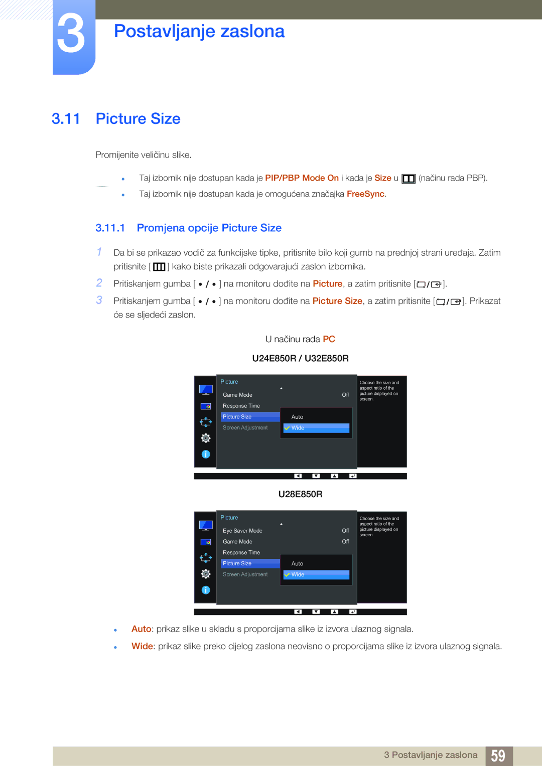 Samsung LU28E85KRS/EN manual Promjena opcije Picture Size 