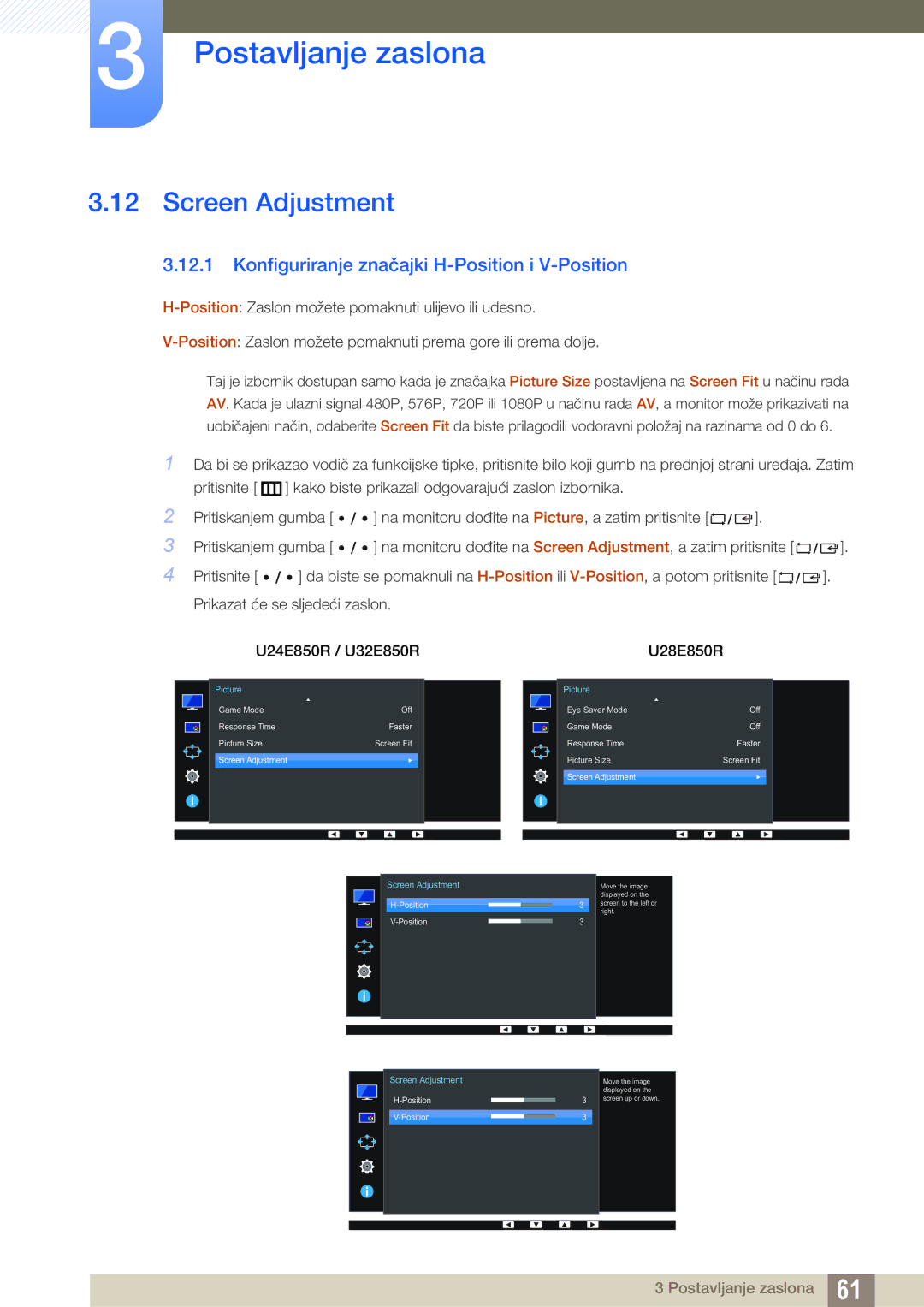 Samsung LU28E85KRS/EN manual Screen Adjustment, Konfiguriranje značajki H-Position i V-Position 