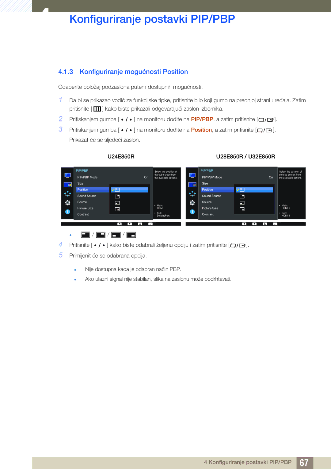 Samsung LU28E85KRS/EN manual Konfiguriranje mogućnosti Position 