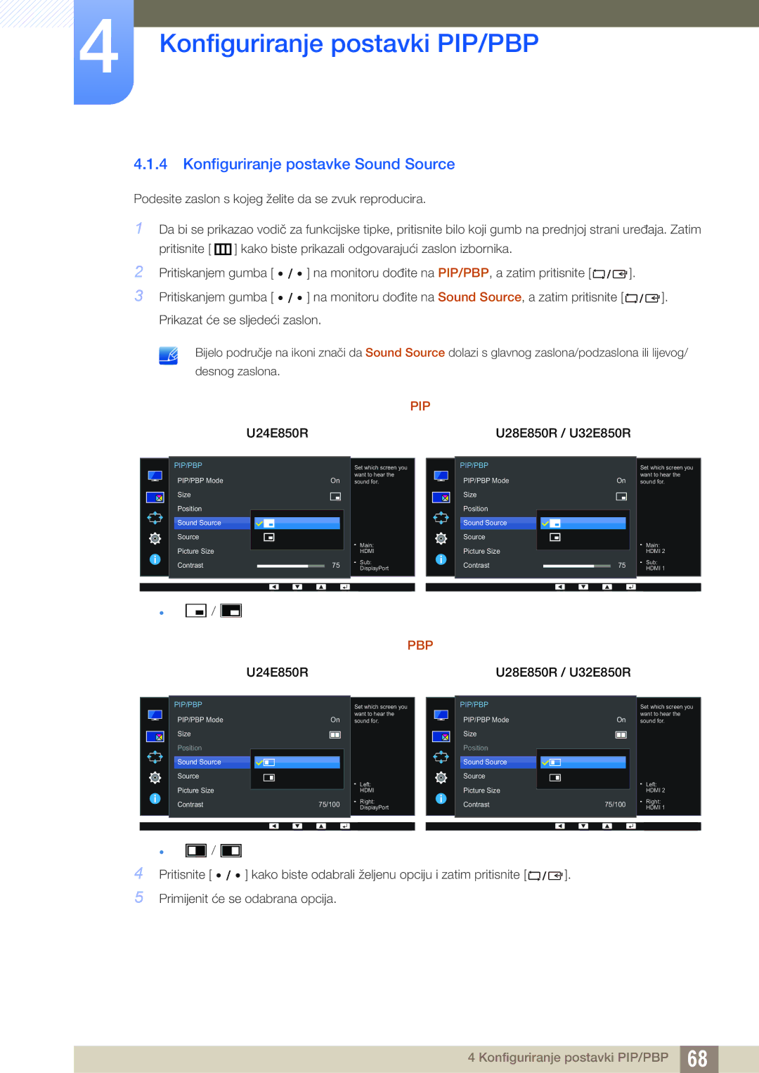 Samsung LU28E85KRS/EN manual Konfiguriranje postavke Sound Source, Pip 