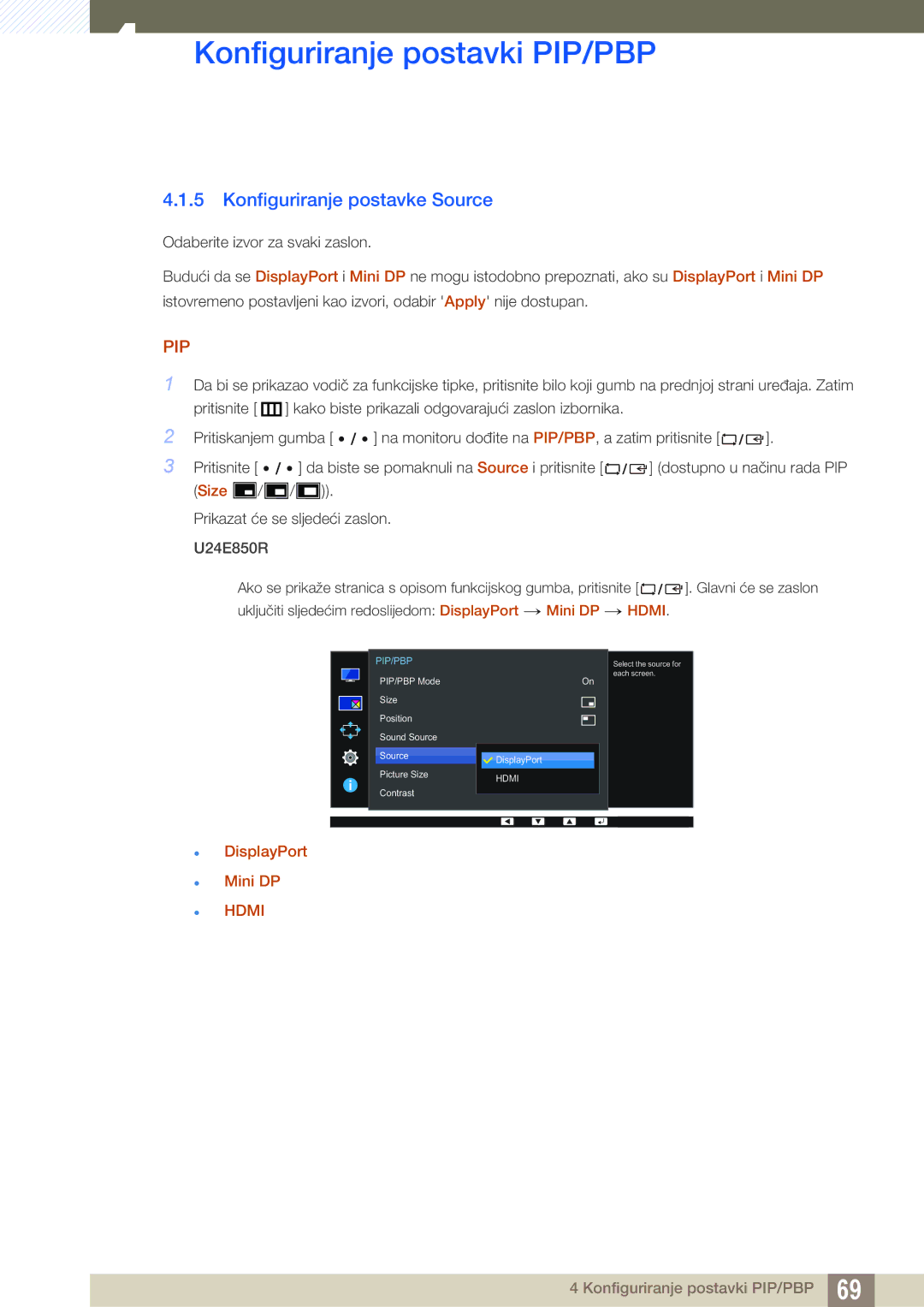 Samsung LU28E85KRS/EN manual Konfiguriranje postavke Source, Pip 