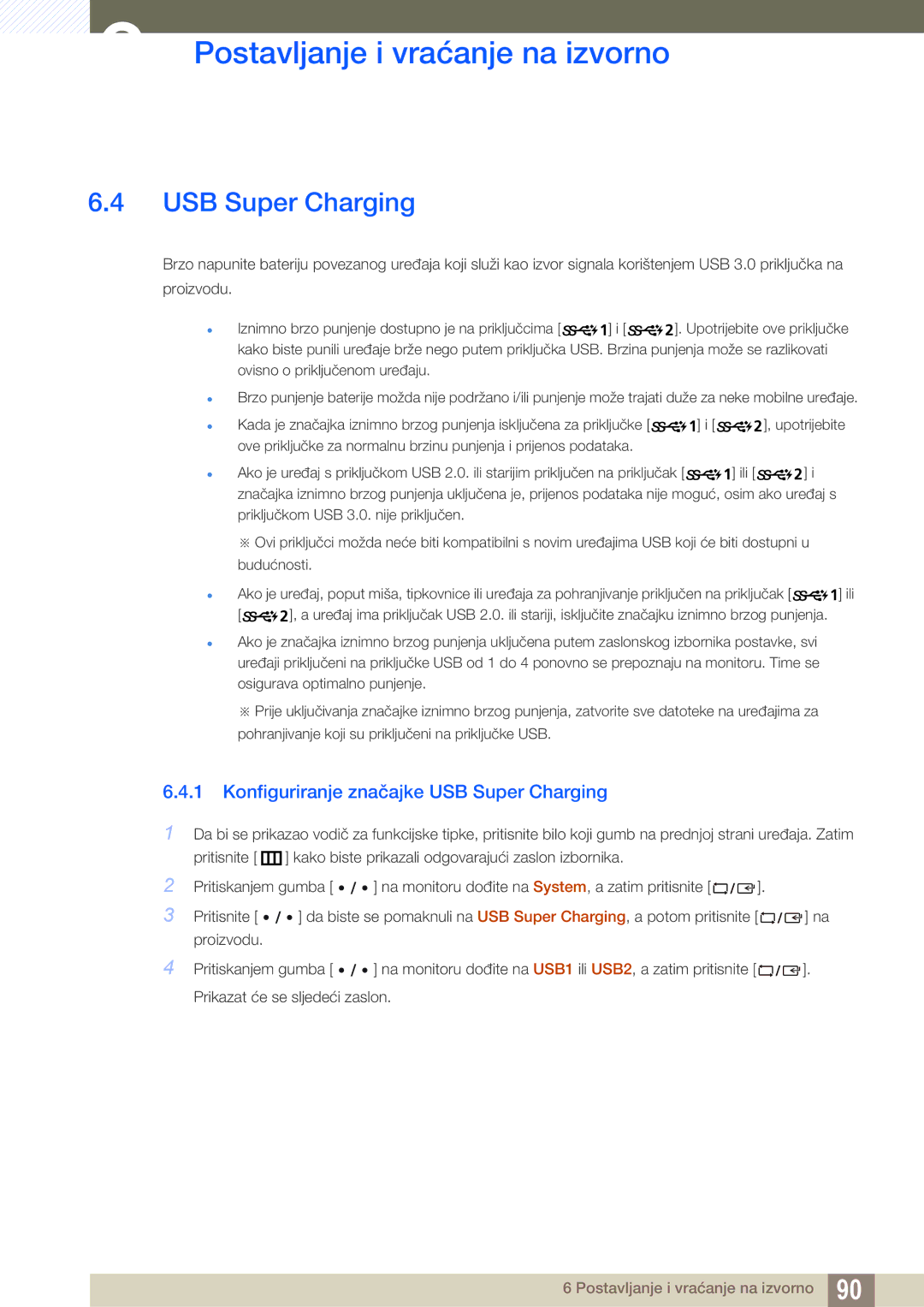 Samsung LU28E85KRS/EN manual Konfiguriranje značajke USB Super Charging 