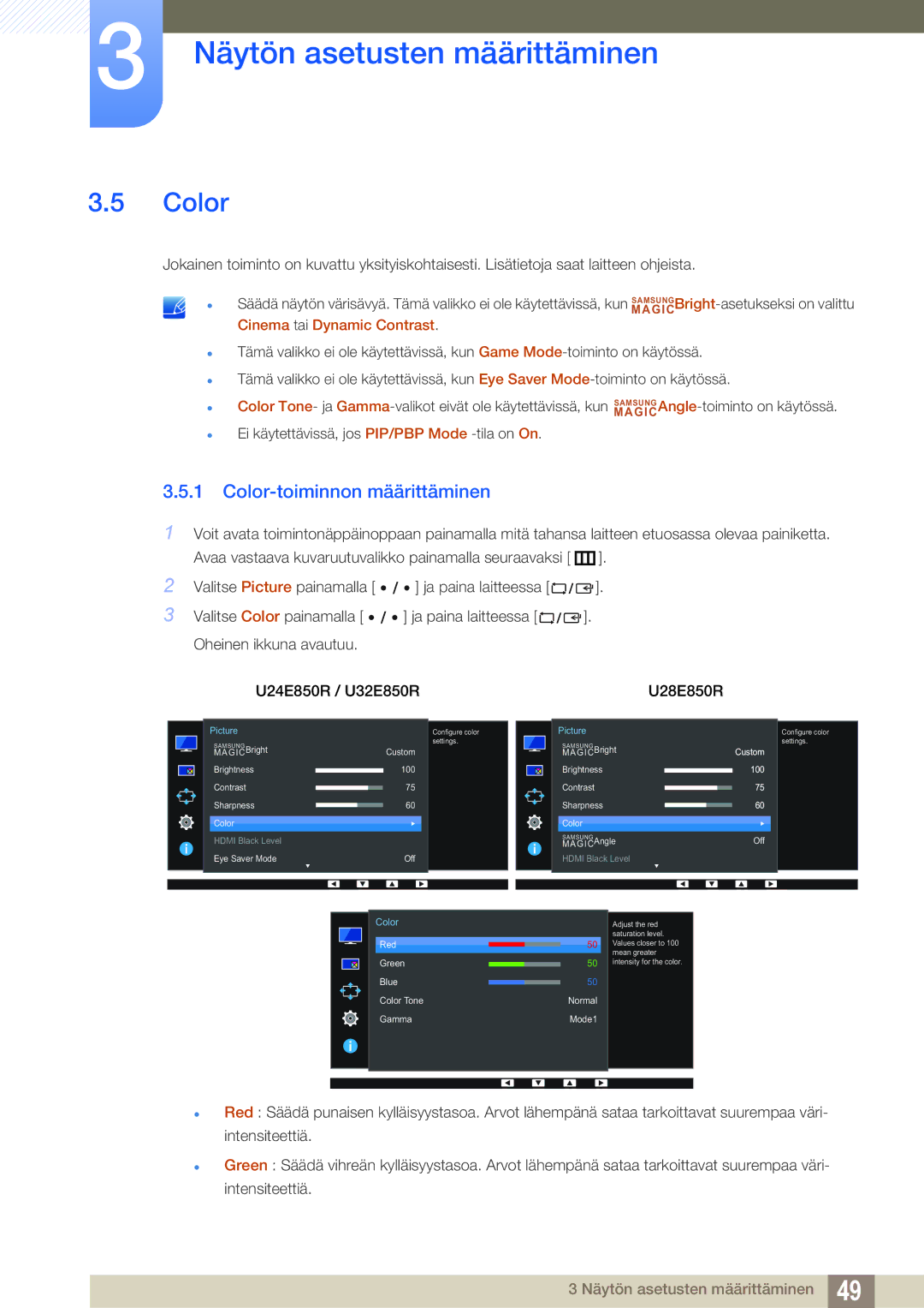 Samsung LU28E85KRS/EN, LU32E85KRS/EN, LU24E85KRS/EN Color-toiminnon määrittäminen, MAGIC Cinema tai Dynamic Contrast 