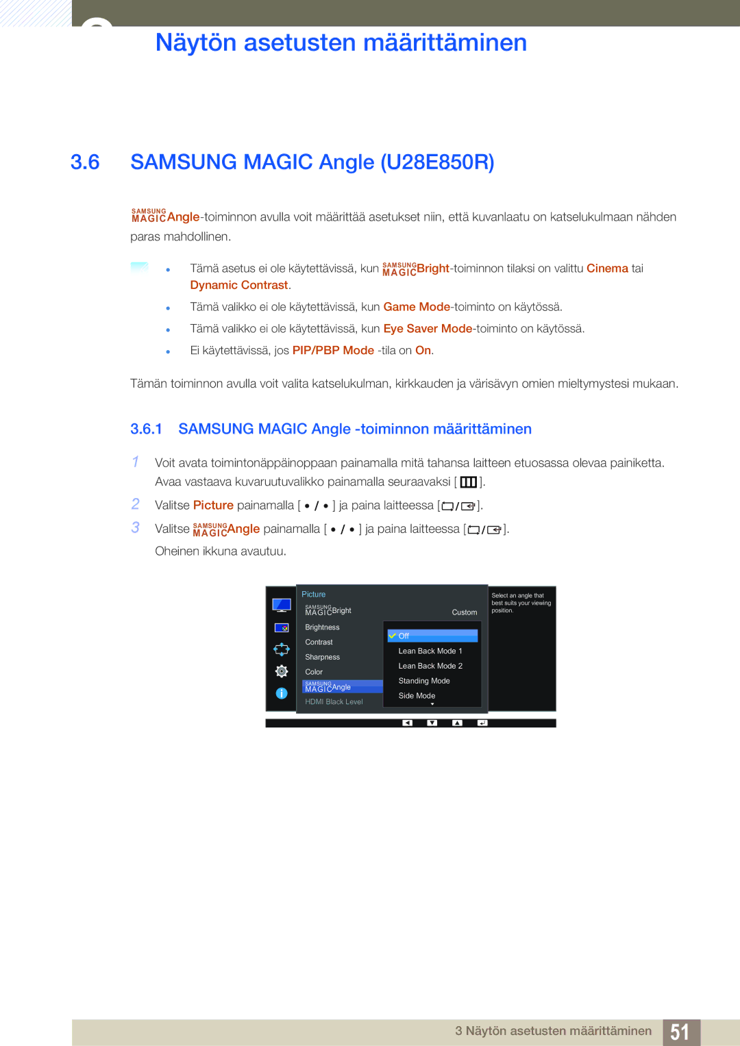 Samsung LU28E85KRSD/XE, LU32E85KRS/EN manual Samsung Magic Angle U28E850R, Samsung Magic Angle -toiminnon määrittäminen 