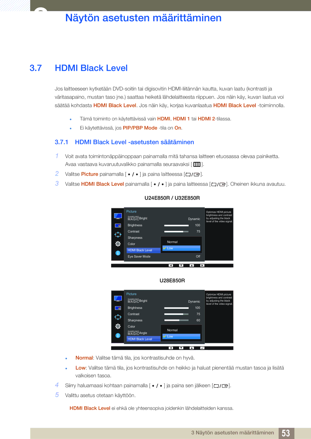 Samsung LU28E85KRS/EN, LU32E85KRS/EN, LU24E85KRS/EN, LU28E85KRSD/XE manual Hdmi Black Level -asetusten säätäminen 