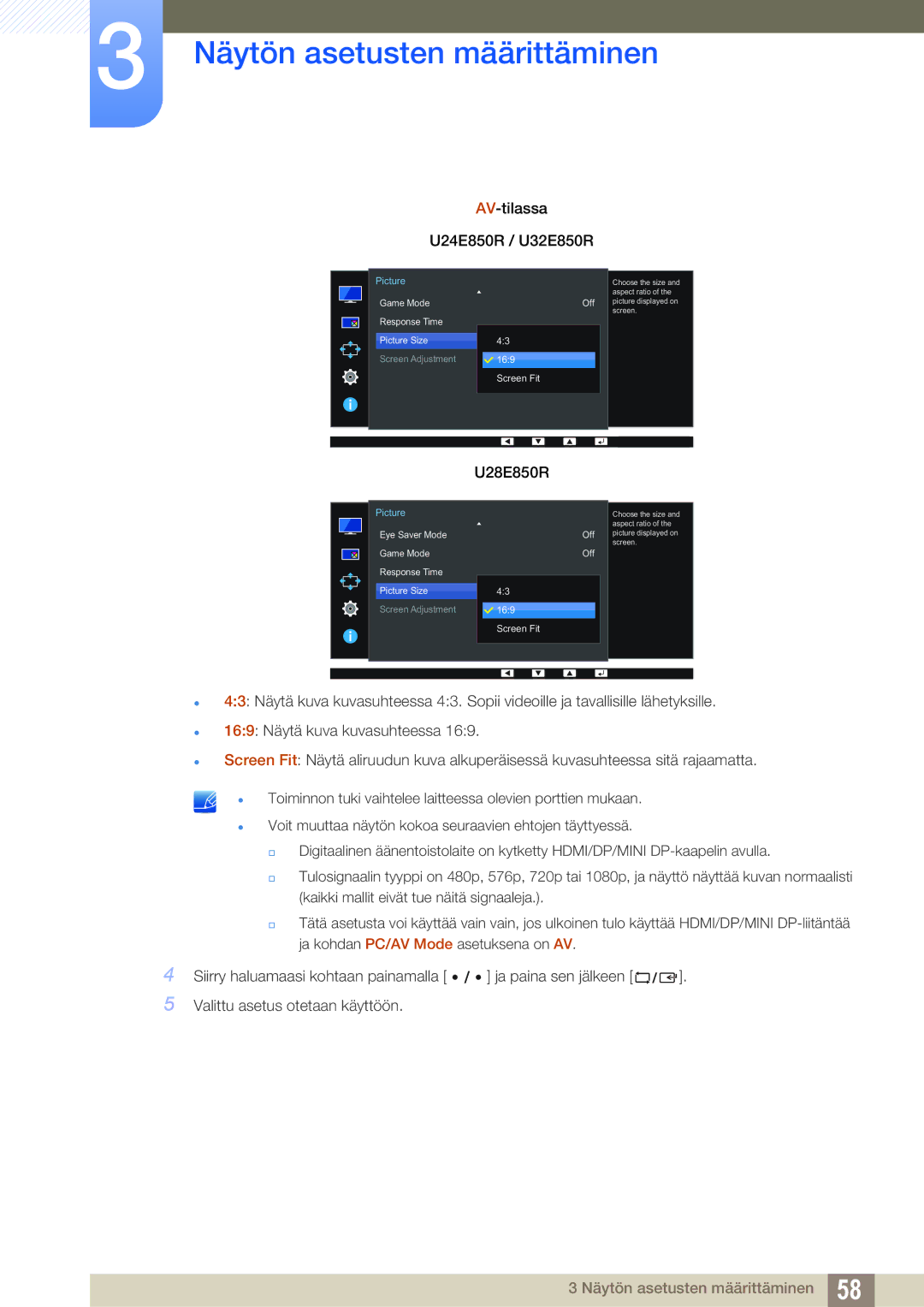 Samsung LU24E85KRS/EN, LU32E85KRS/EN, LU28E85KRS/EN, LU28E85KRSD/XE manual AV-tilassa 