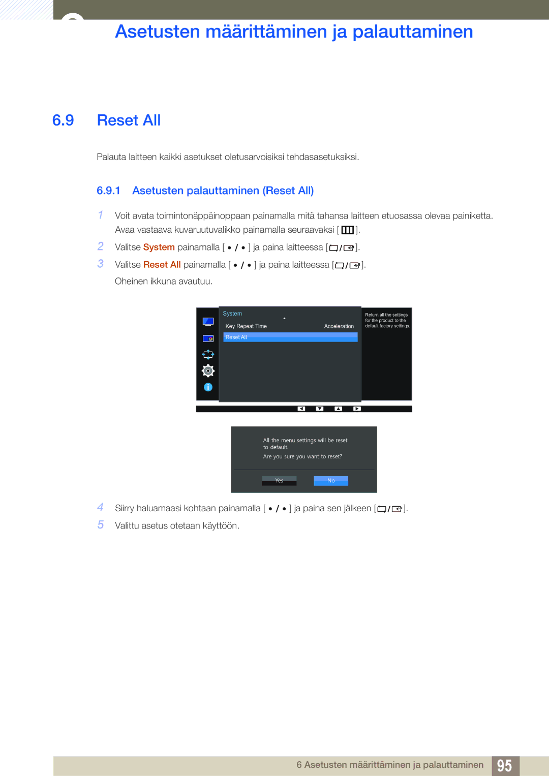 Samsung LU28E85KRSD/XE, LU32E85KRS/EN, LU28E85KRS/EN, LU24E85KRS/EN manual Asetusten palauttaminen Reset All 