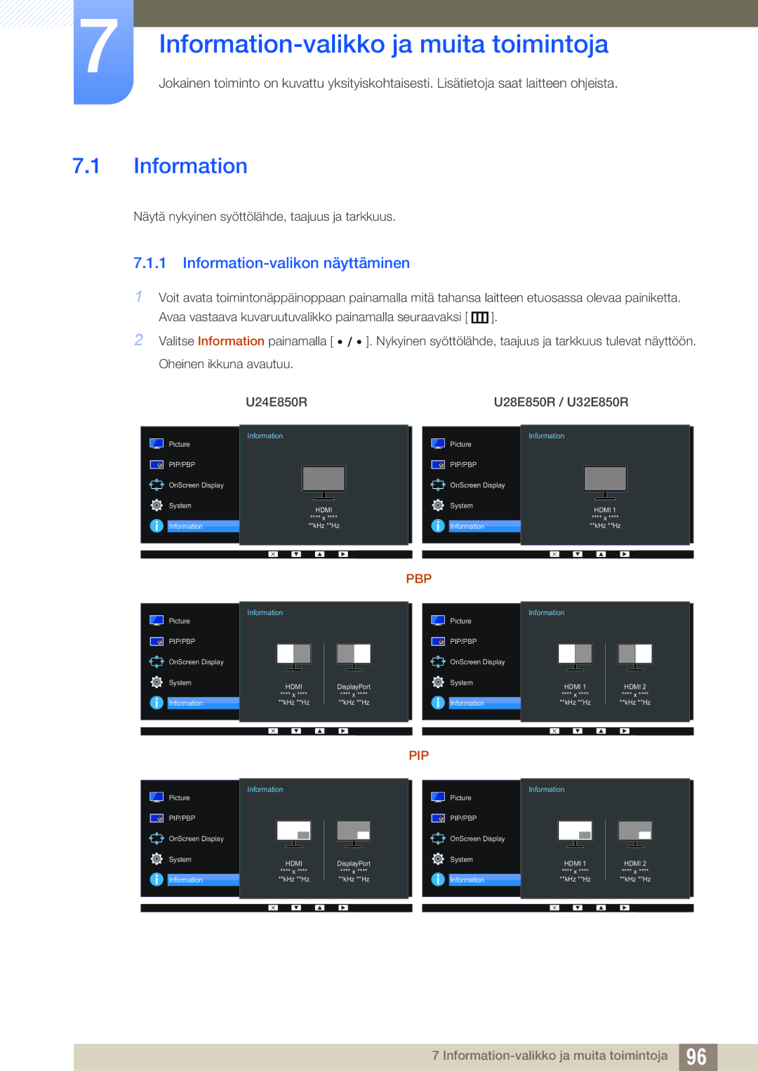 Samsung LU32E85KRS/EN, LU28E85KRS/EN manual Information-valikko ja muita toimintoja, Information-valikon näyttäminen 