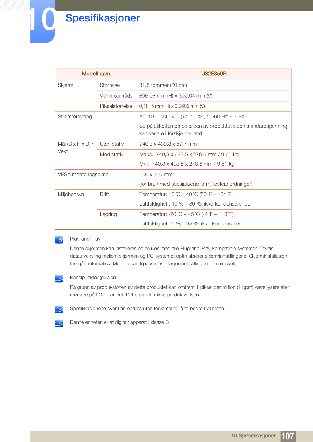 Samsung LU28E85KRSD/XE, LU32E85KRS/EN, LU28E85KRS/EN, LU24E85KRS/EN manual Modellnavn U32E850R 