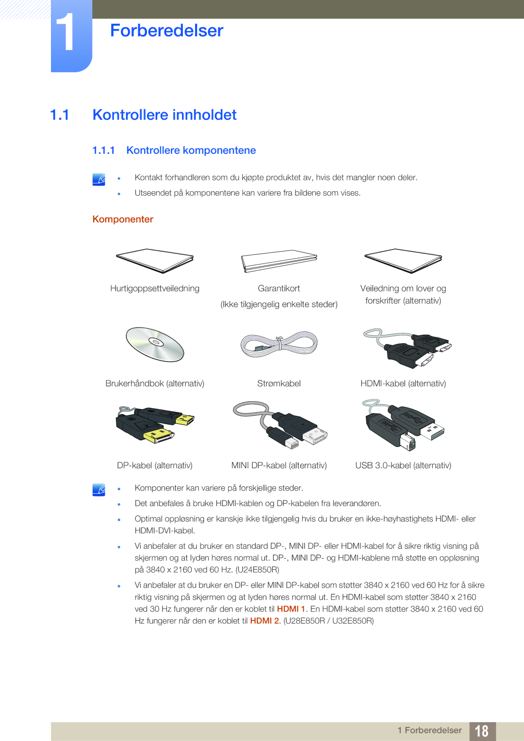 Samsung LU24E85KRS/EN, LU32E85KRS/EN manual Forberedelser, Kontrollere innholdet, Kontrollere komponentene, Komponenter 