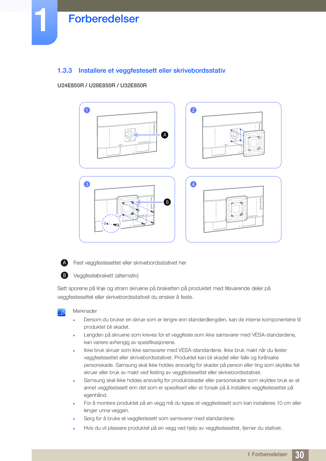 Samsung LU24E85KRS/EN, LU32E85KRS/EN, LU28E85KRS/EN, LU28E85KRSD/XE manual Installere et veggfestesett eller skrivebordsstativ 