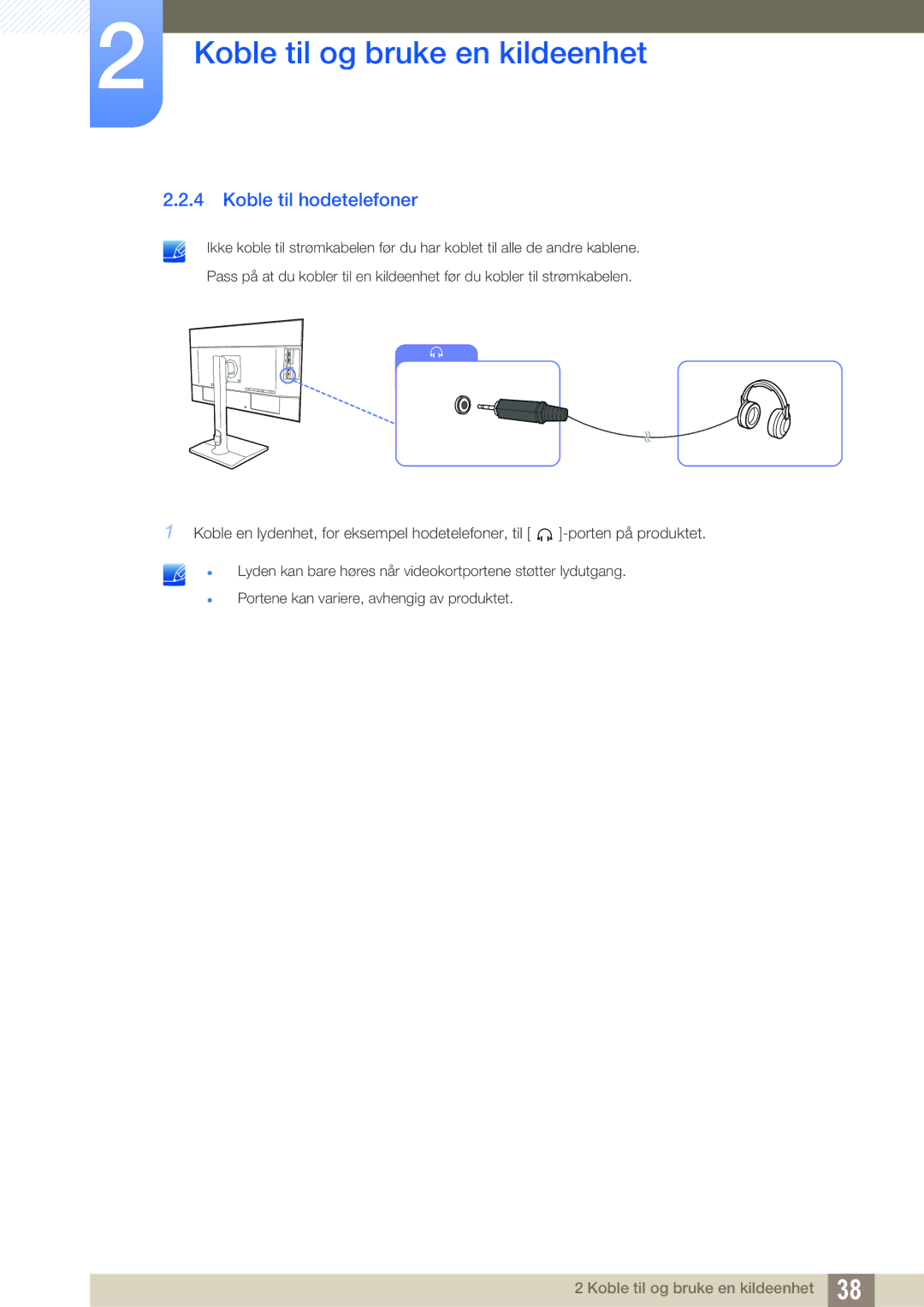 Samsung LU24E85KRS/EN, LU32E85KRS/EN, LU28E85KRS/EN, LU28E85KRSD/XE manual Koble til hodetelefoner 