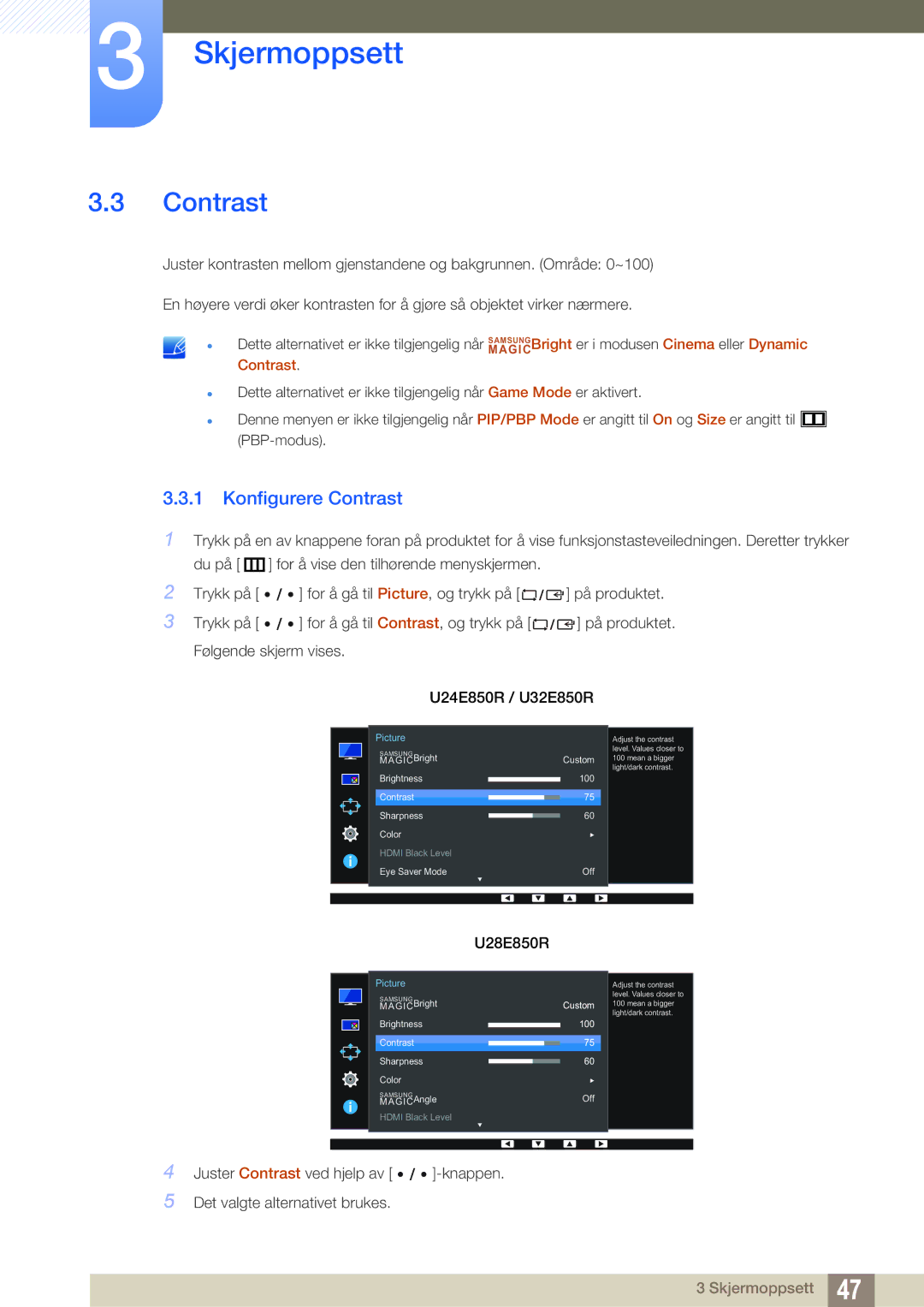 Samsung LU28E85KRSD/XE, LU32E85KRS/EN, LU28E85KRS/EN, LU24E85KRS/EN manual Konfigurere Contrast 